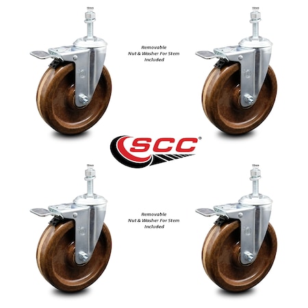 Service Caster 6 Inch High Temp Phenolic Swivel 12mm Stem Caster Set with Total Lock Brake SCC-TSTTL20S615-PHSHT-M1215-4